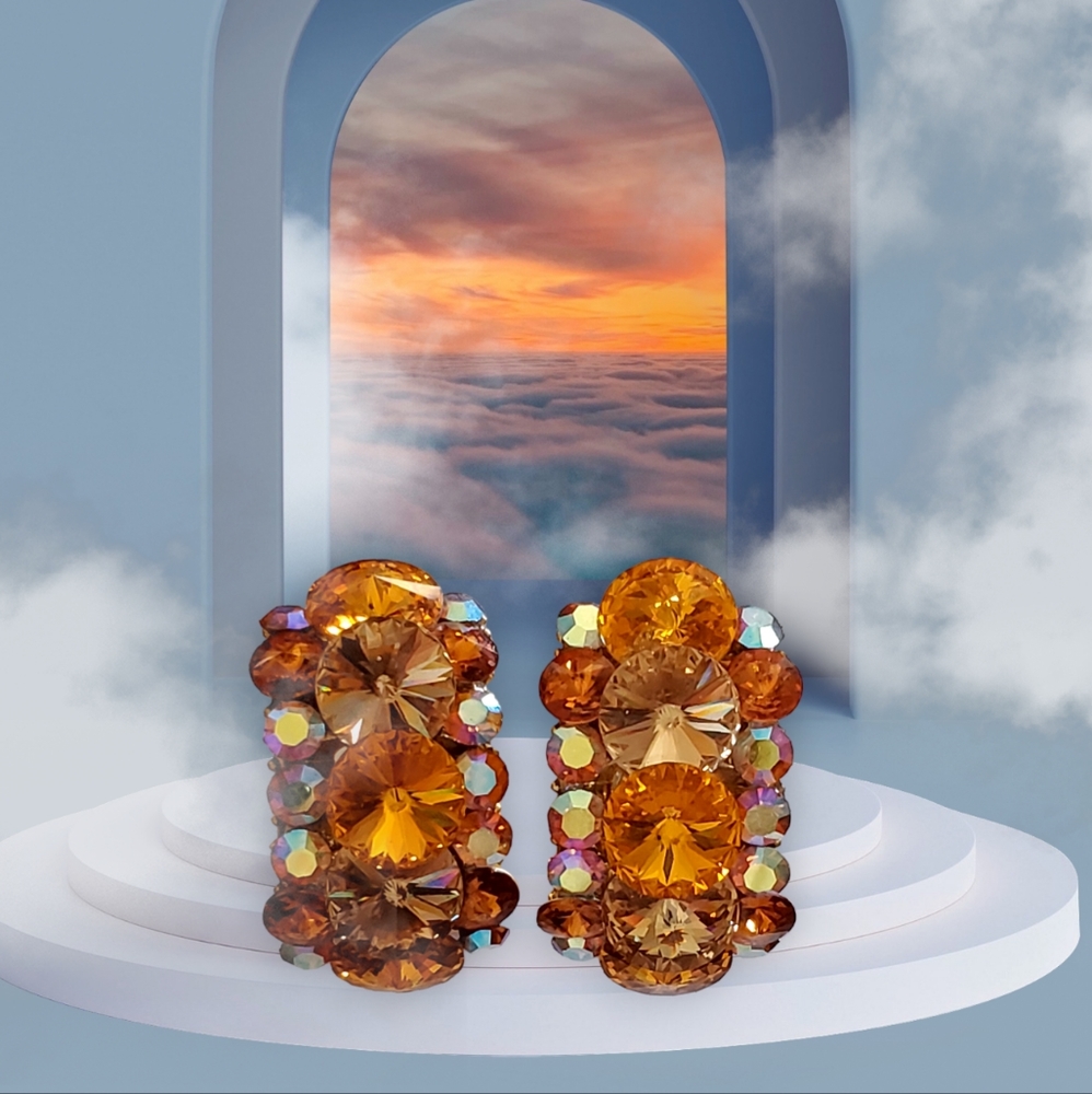 Boralis Faceted Amber Color Clip Earrings- Half loop Goldtone Mid Century